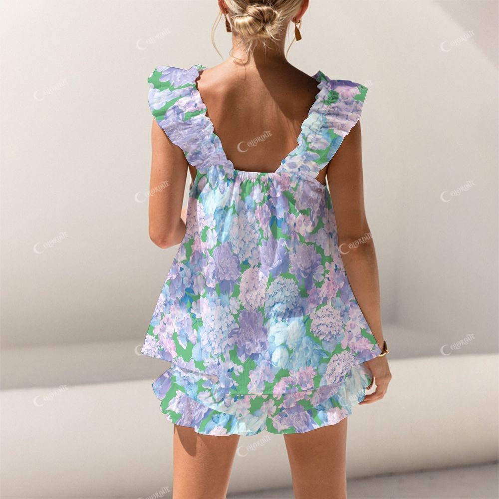 Colordate Hydrangea Print Short Tank Top Shorts Pajama Set