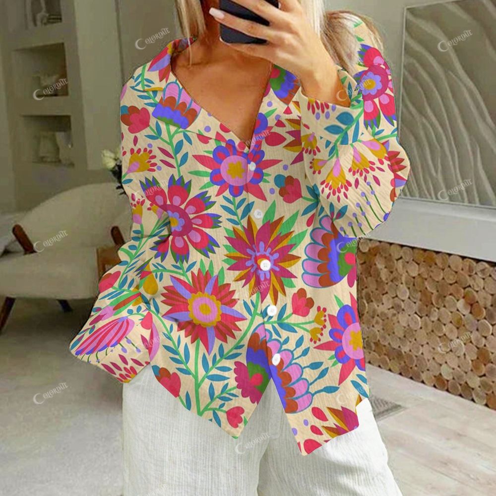 Colordate Women's Colorful Flowers Print Cotton Cardigan Homewear Set