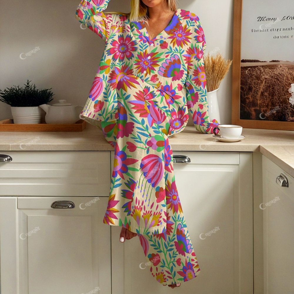 Colordate Women's Colorful Flowers Print Cotton Cardigan Homewear Set