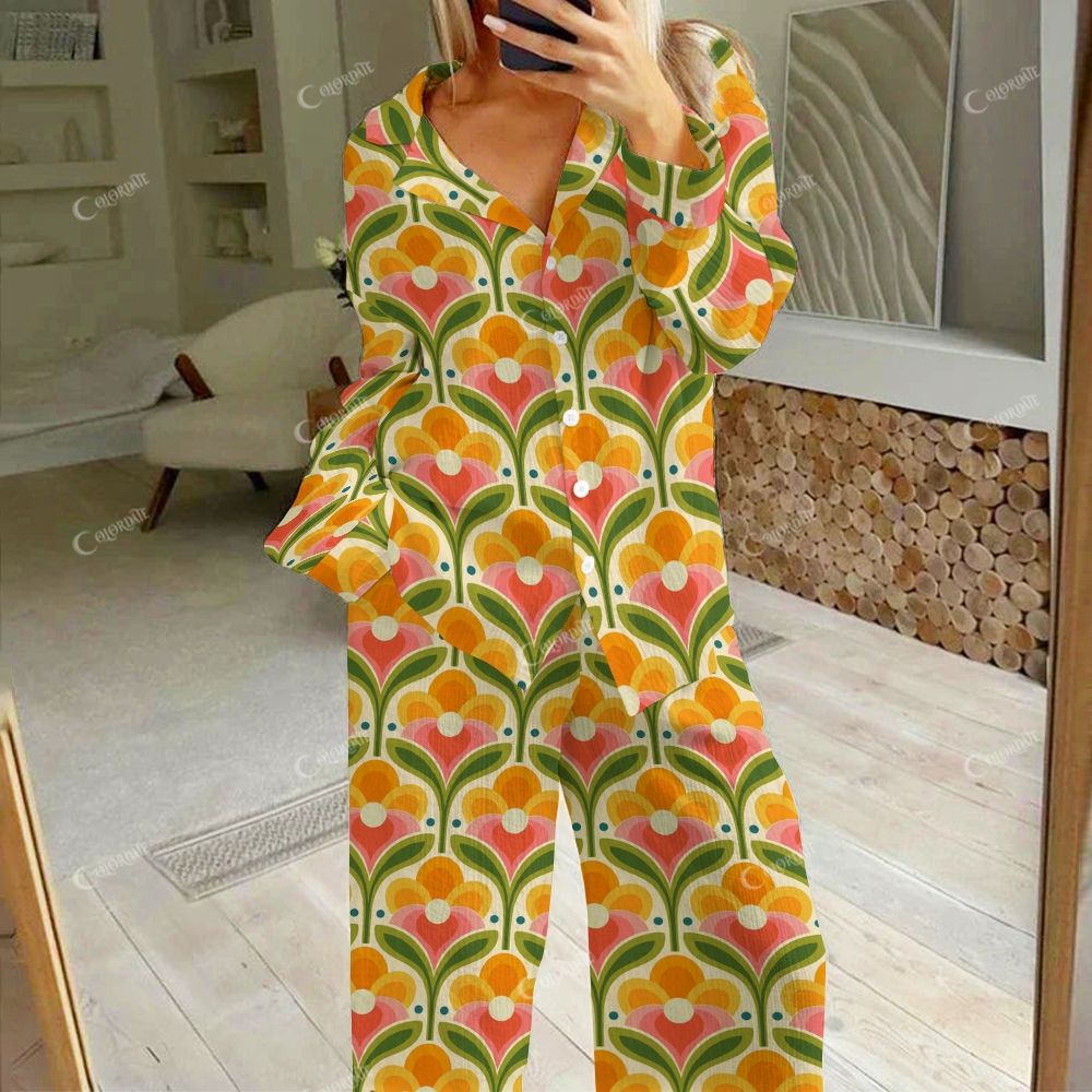 Colordate Women's Symmetrical Flowers Print Cotton Cardigan Homewear Set