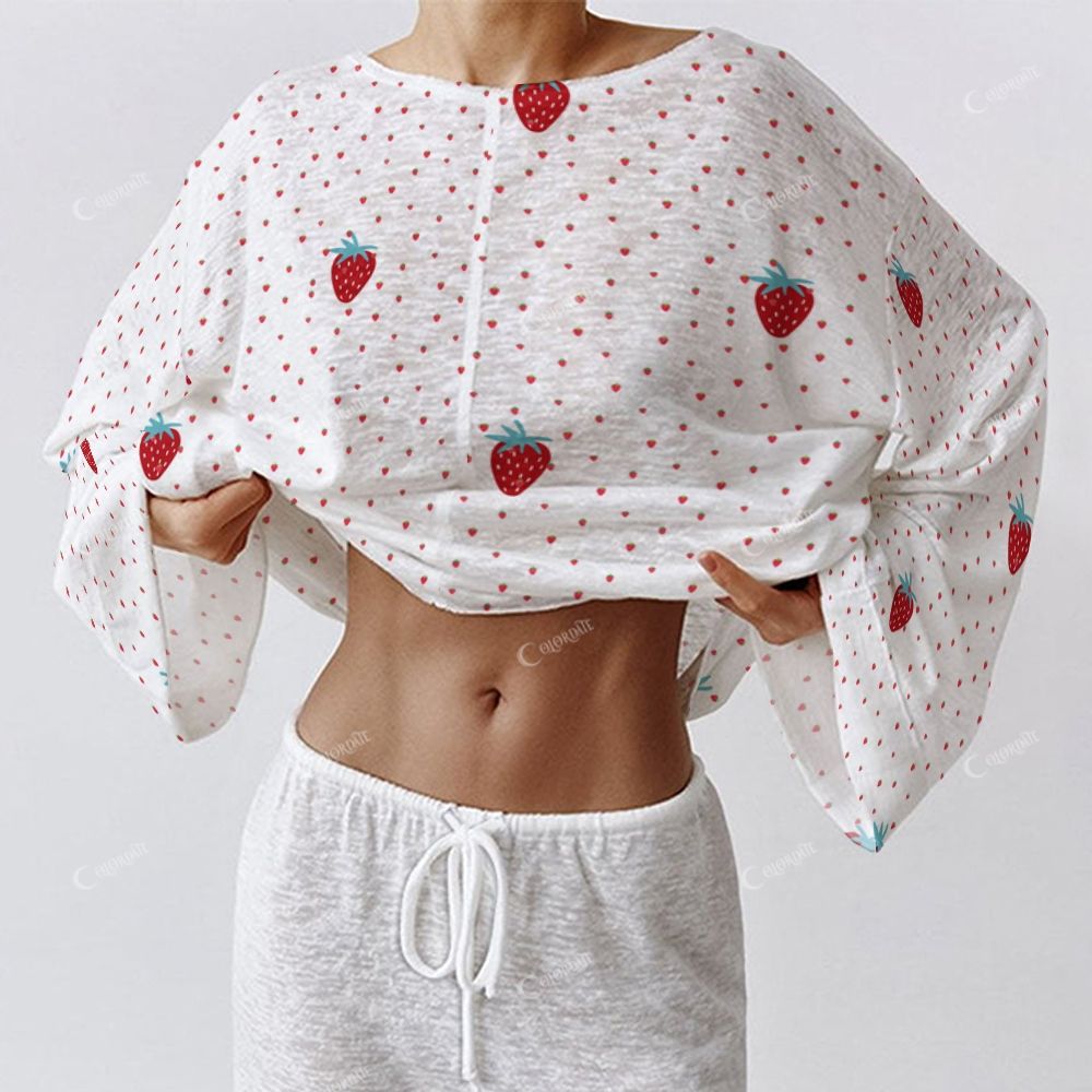 Colordate Women's Strawberry Print Long Sleeve Cotton Homewear Set