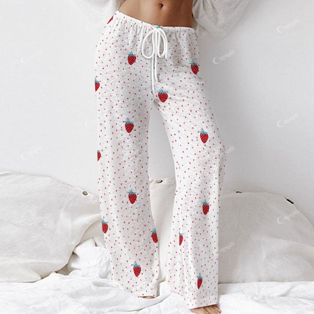 Colordate Women's Strawberry Print Long Sleeve Cotton Homewear Set