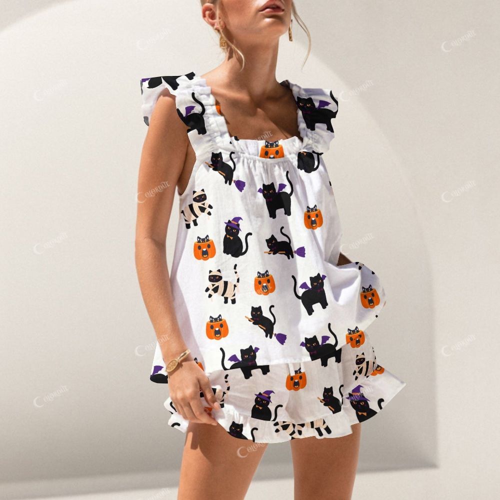 Colordate Halloween Kitten Print Short Tank Top Shorts Pajama Set