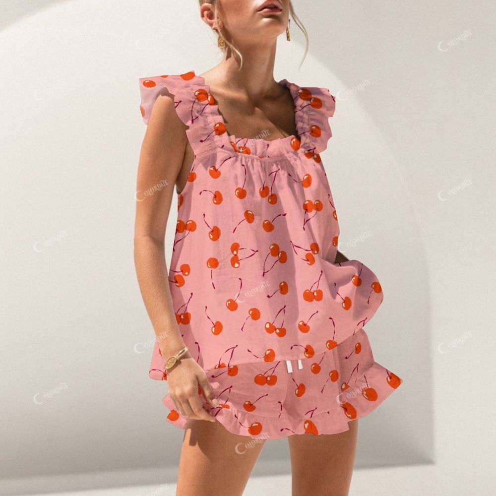 Colordate Cherry Print Short Tank Top Shorts Pajama Set