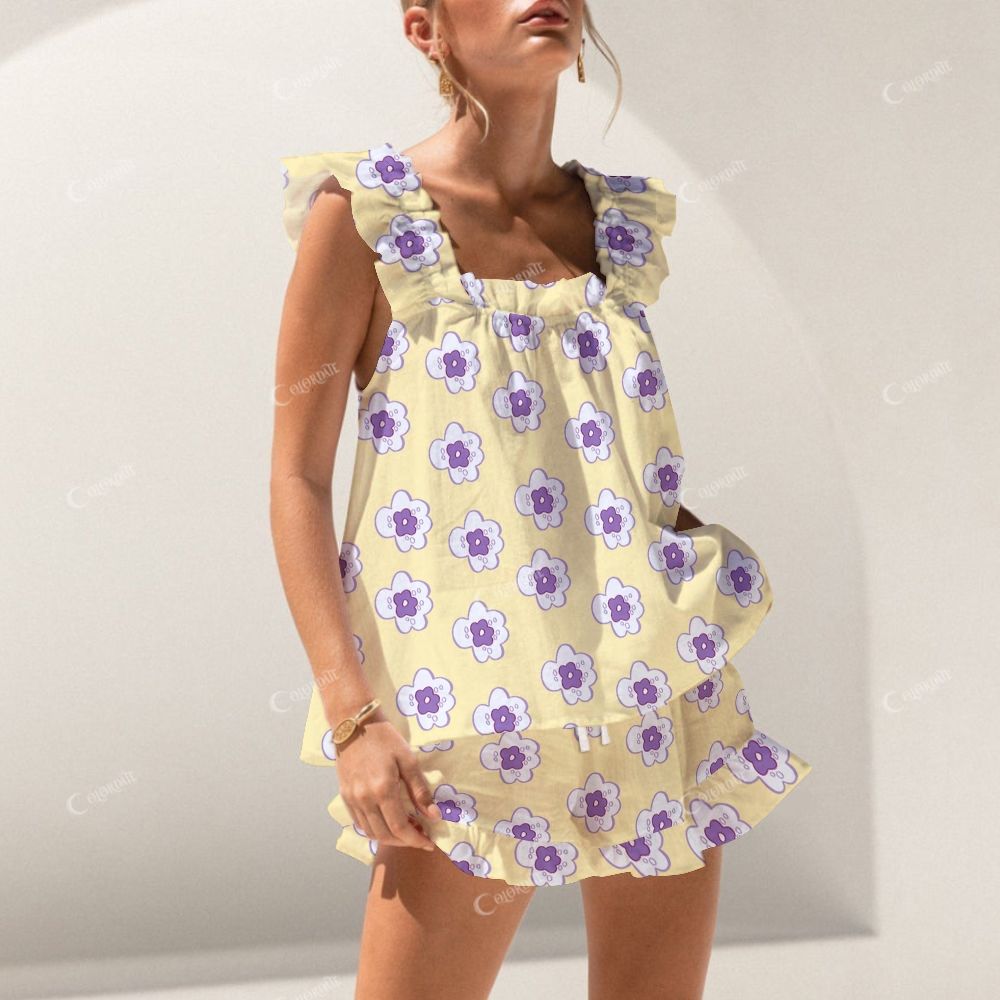 Colordate Purple Floral Print Short Tank Top Shorts Pajama Set