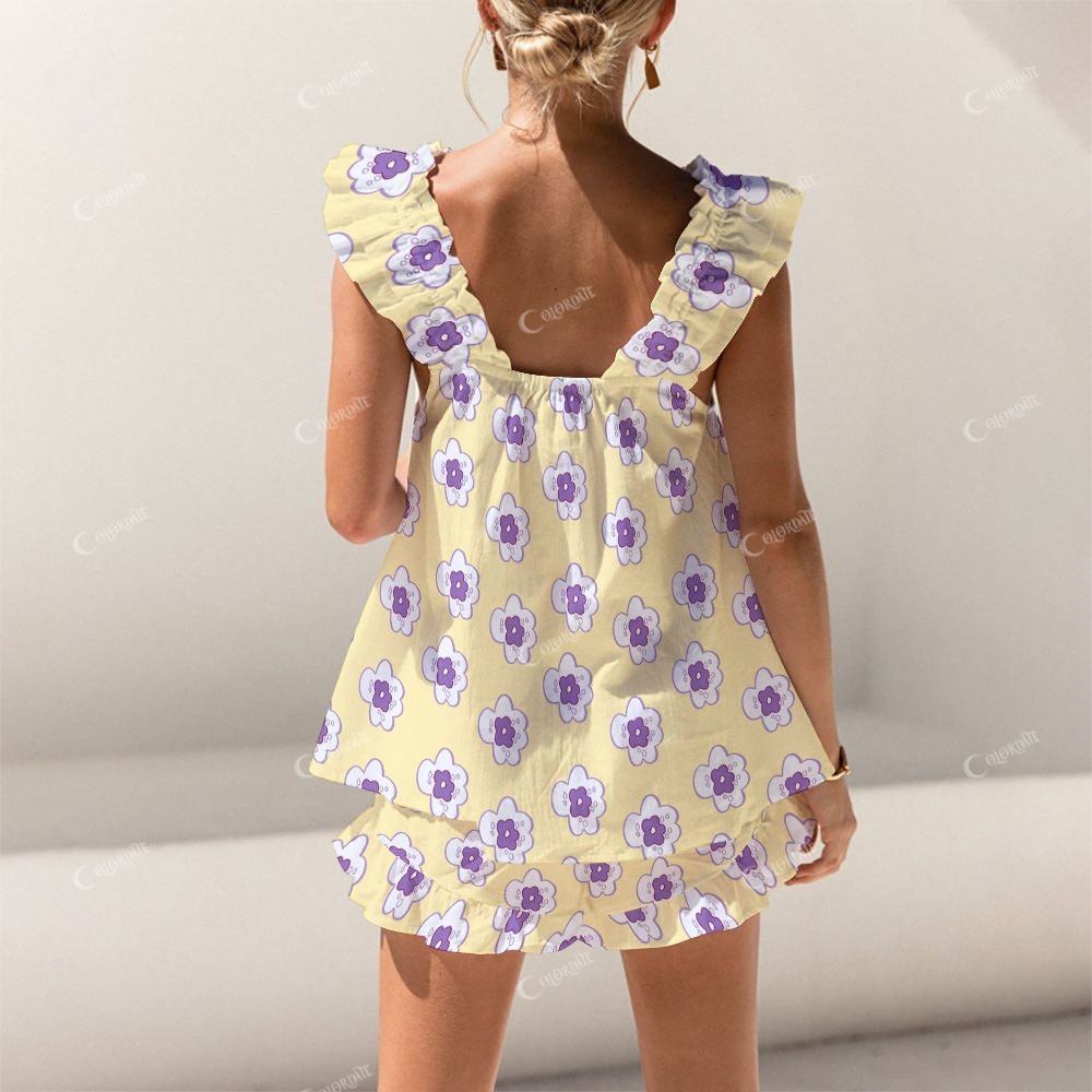 Colordate Purple Floral Print Short Tank Top Shorts Pajama Set
