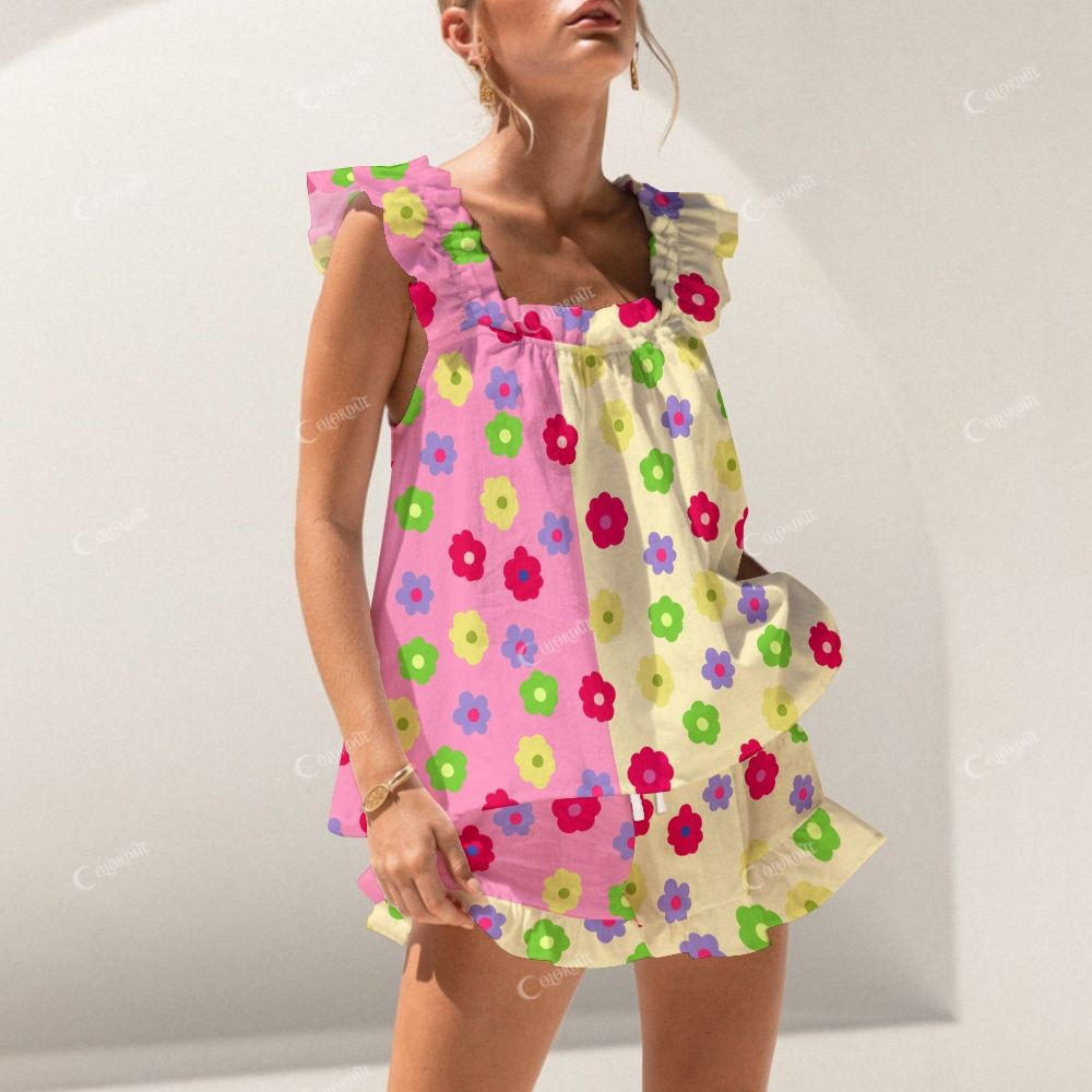 Colordate Colorful Floral Print Short Tank Top Shorts Pajama Set