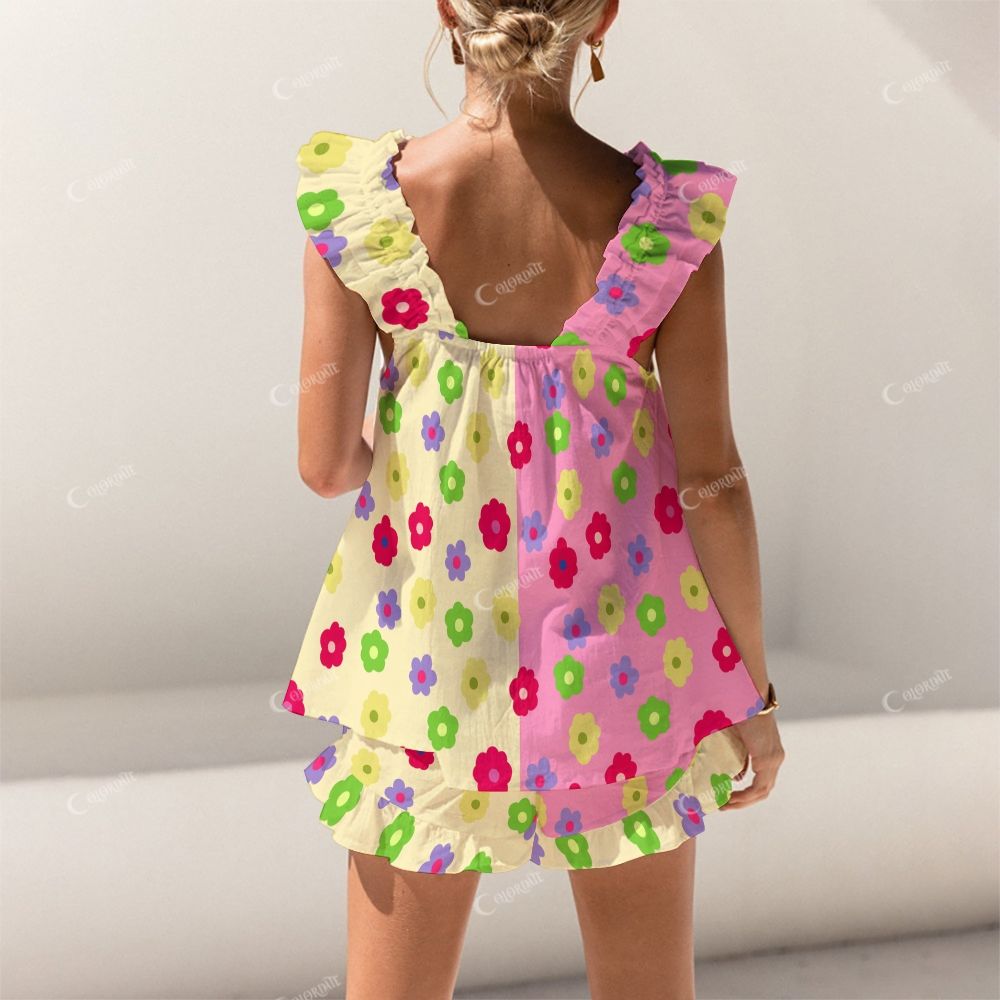 Colordate Colorful Floral Print Short Tank Top Shorts Pajama Set