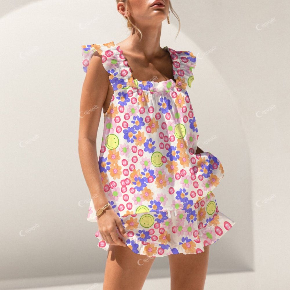 Colordate Smiling Faces And Floral Prints Short Tank Top Shorts Pajama Set