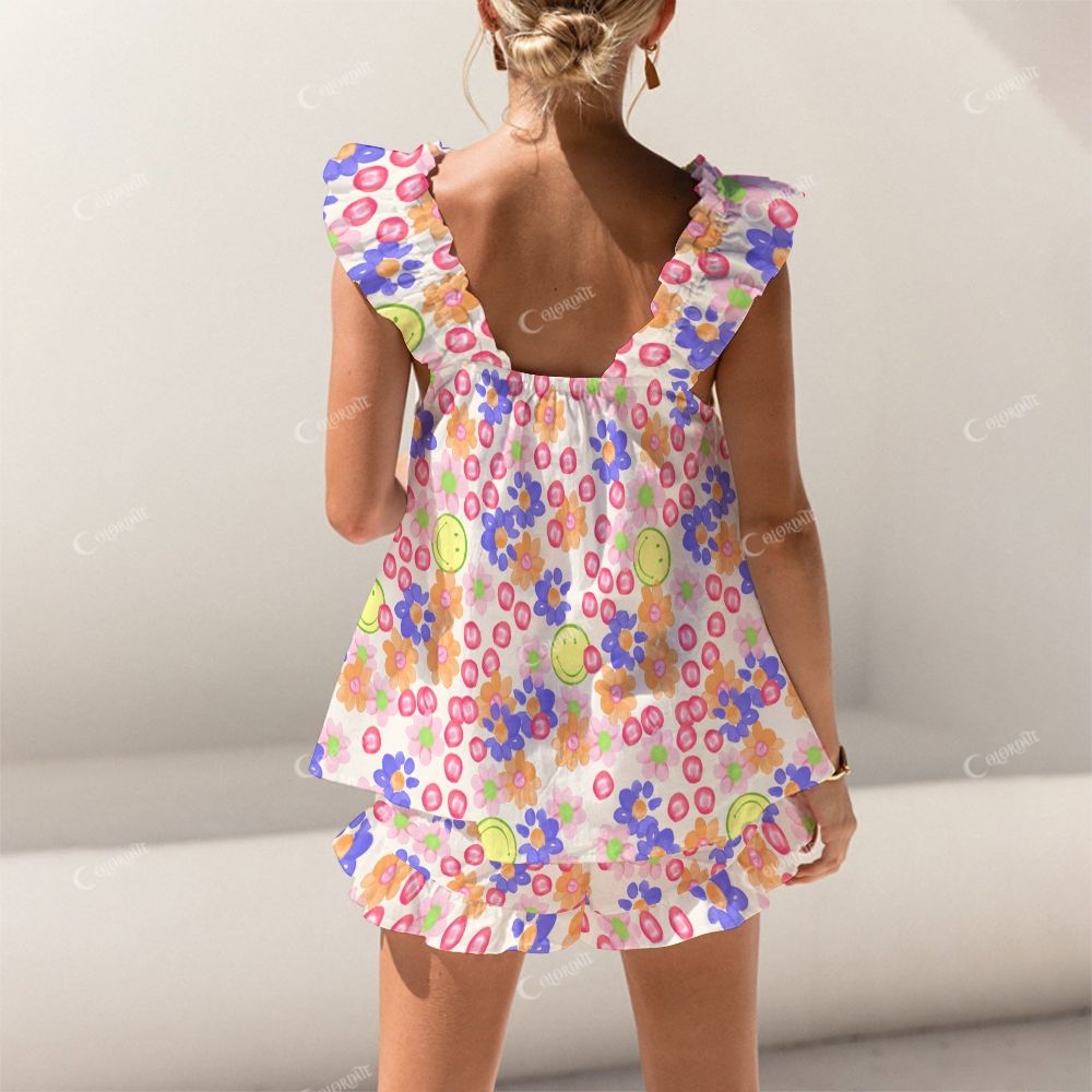 Colordate Smiling Faces And Floral Prints Short Tank Top Shorts Pajama Set