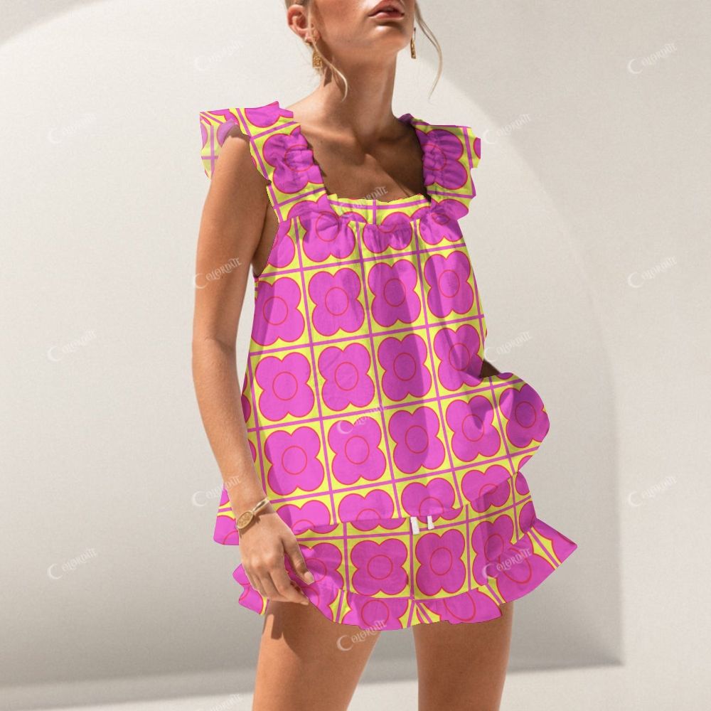 Colordate Rose Red Floral Print Short Tank Top Shorts Pajama Set