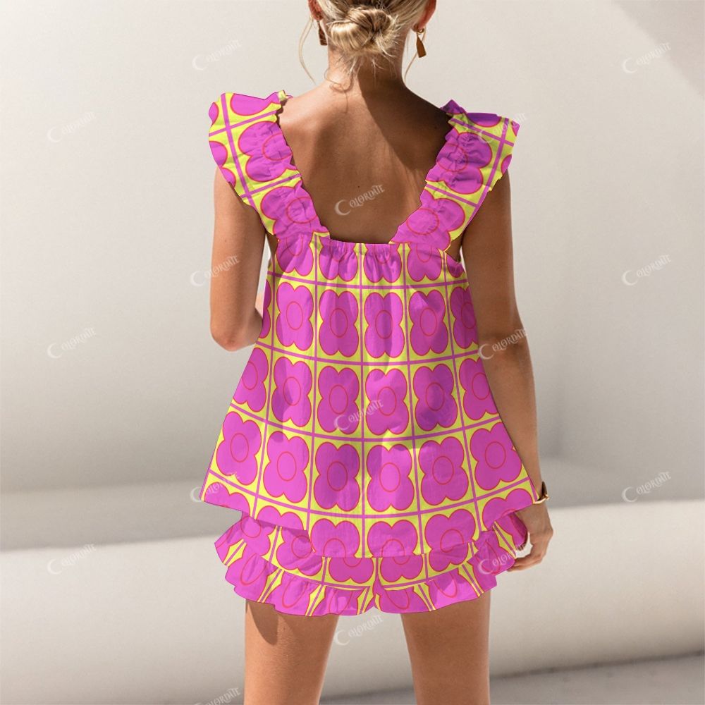 Colordate Rose Red Floral Print Short Tank Top Shorts Pajama Set