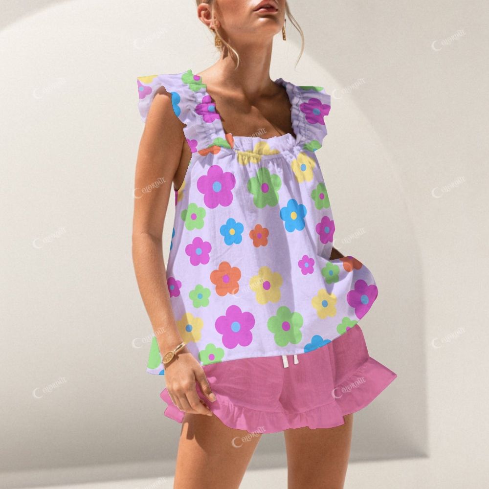 Colordate Colorful Floral Print Short Tank Top Shorts Pajama Set