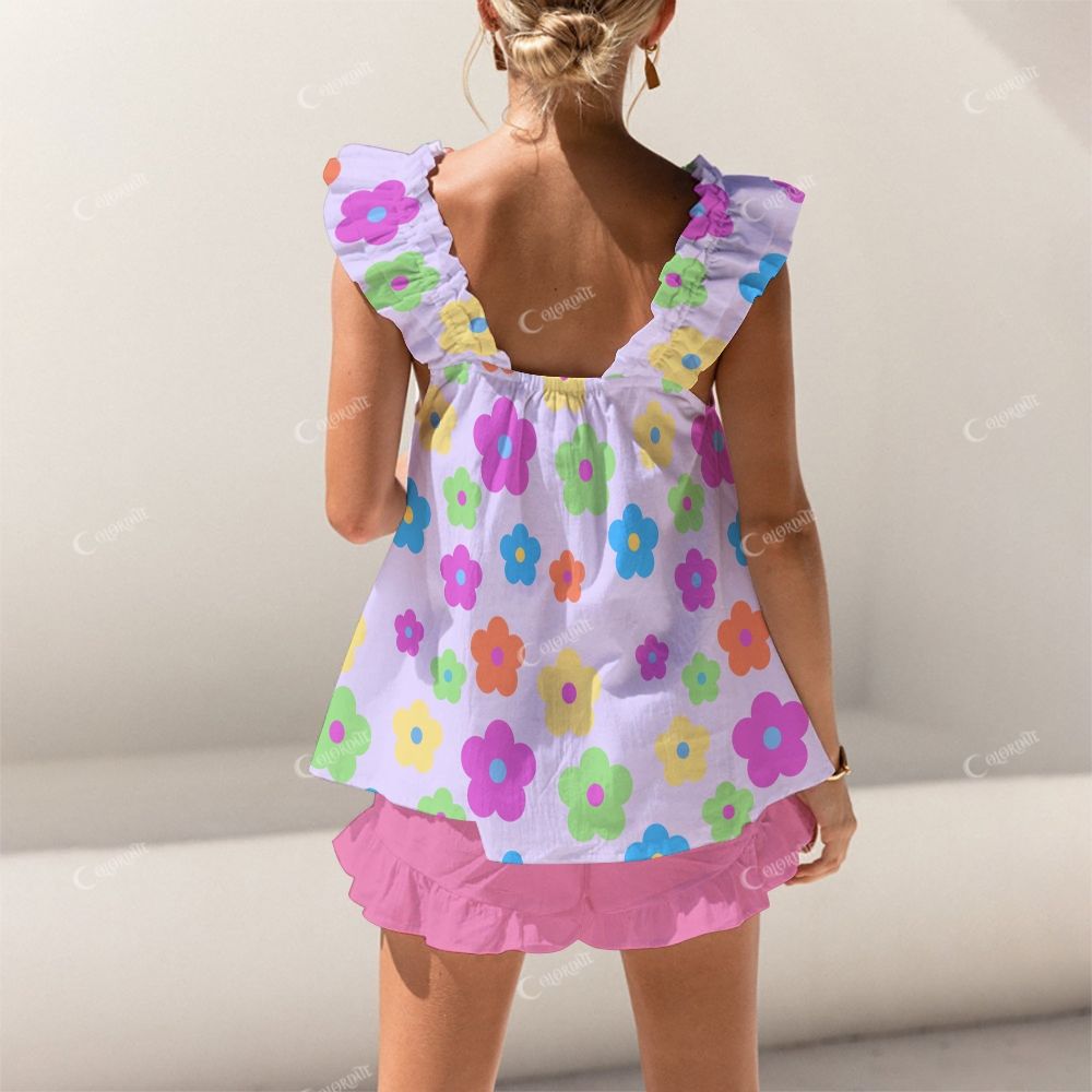 Colordate Colorful Floral Print Short Tank Top Shorts Pajama Set