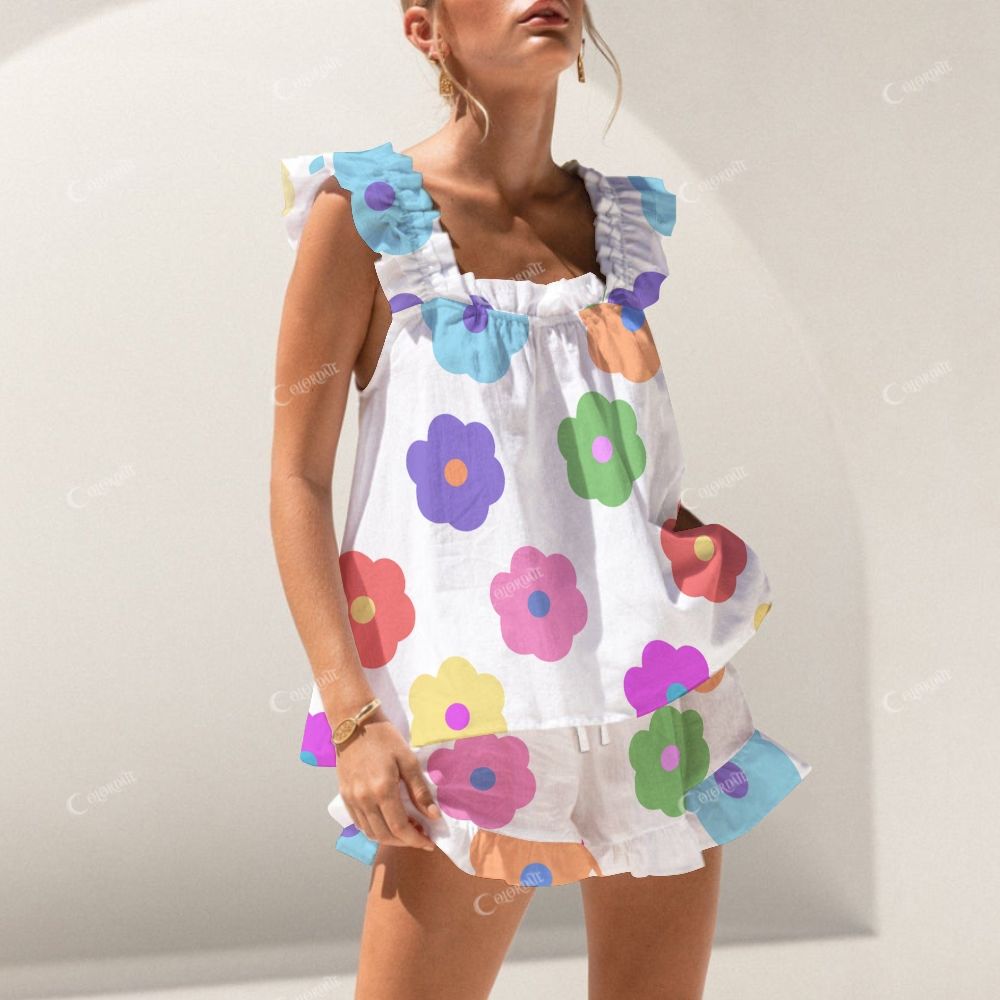 Colordate Colorful Floral Print Short Tank Top Shorts Pajama Set