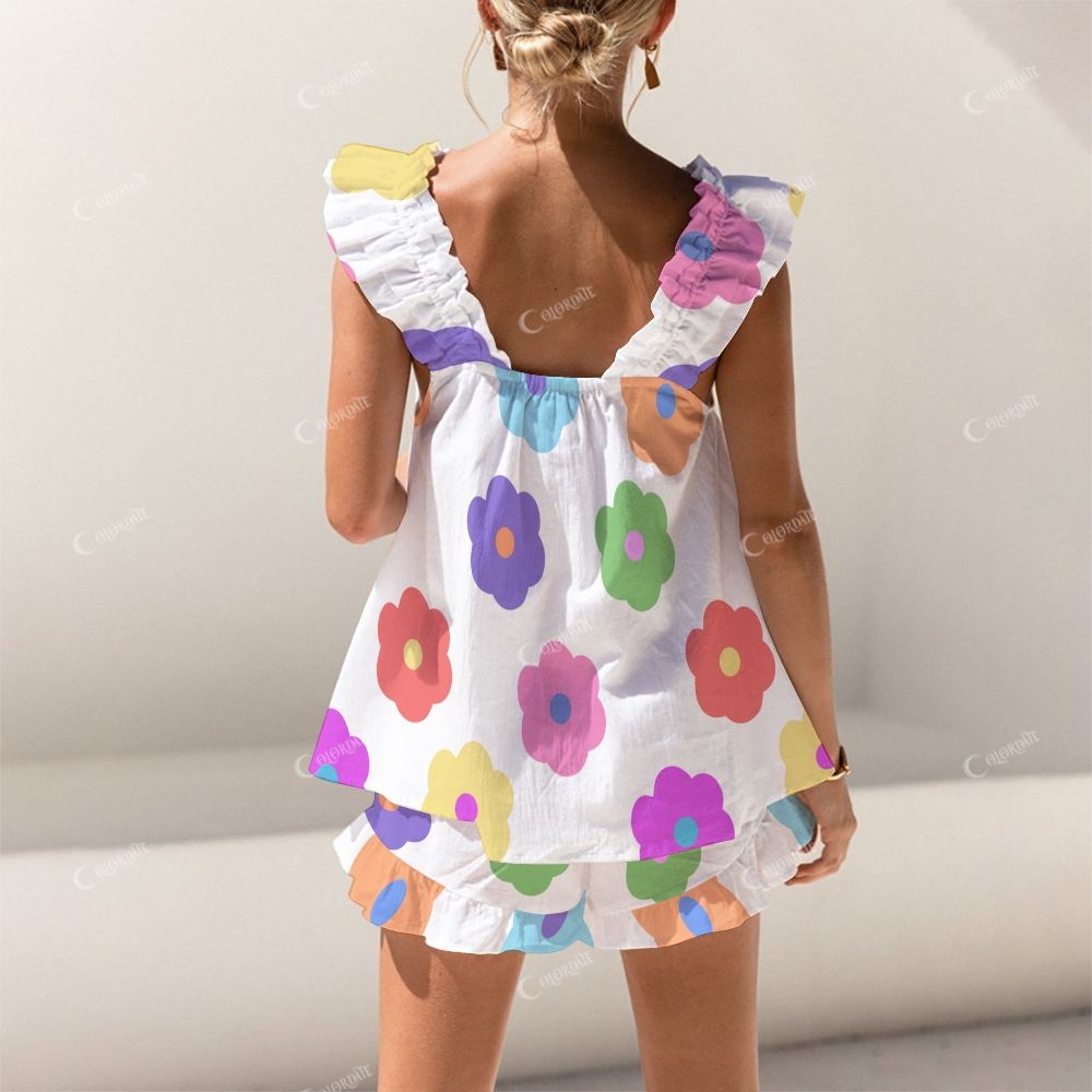 Colordate Colorful Floral Print Short Tank Top Shorts Pajama Set