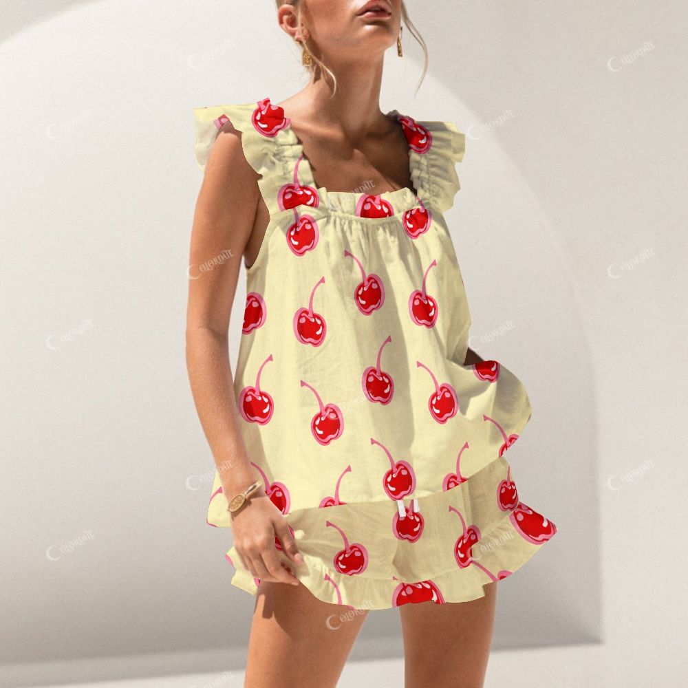 Colordate Cherry Print Short Tank Top Shorts Pajama Set