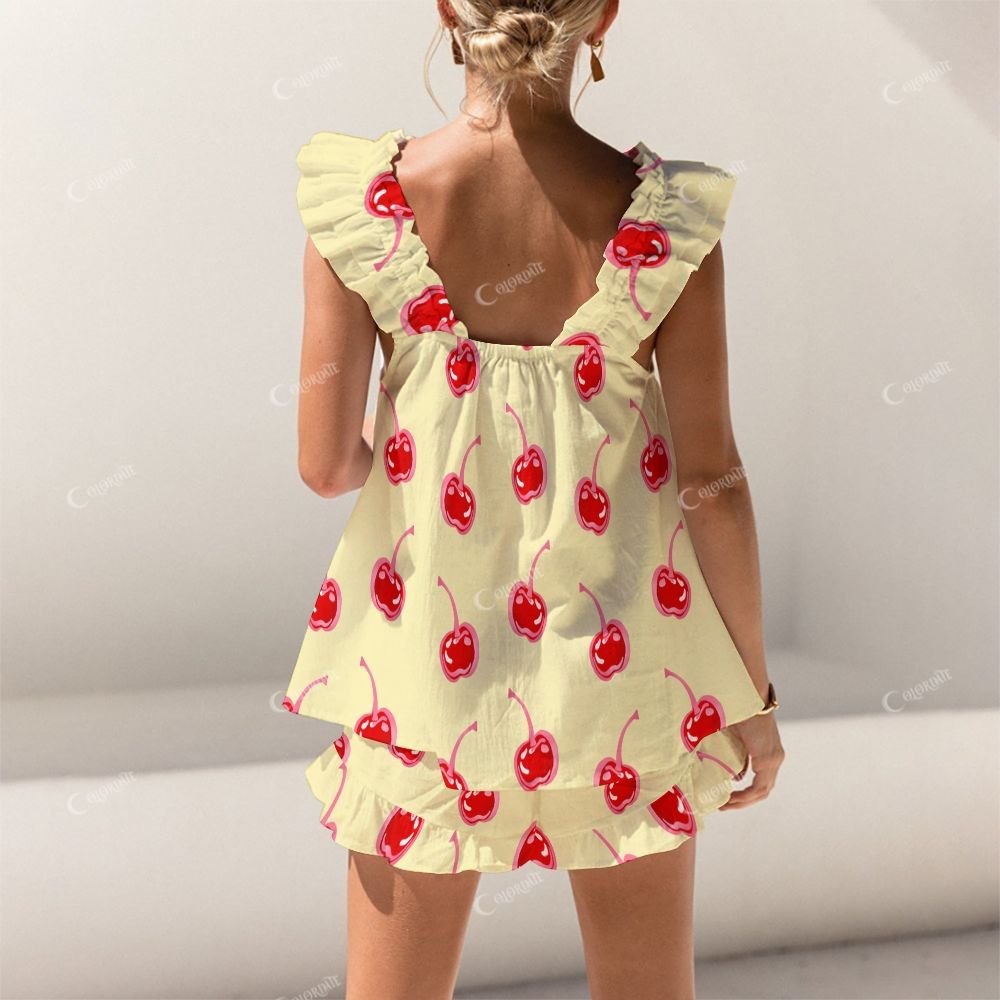 Colordate Cherry Print Short Tank Top Shorts Pajama Set