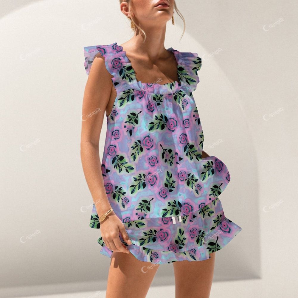 Colordate Purple Floral Print Short Tank Top Shorts Pajama Set