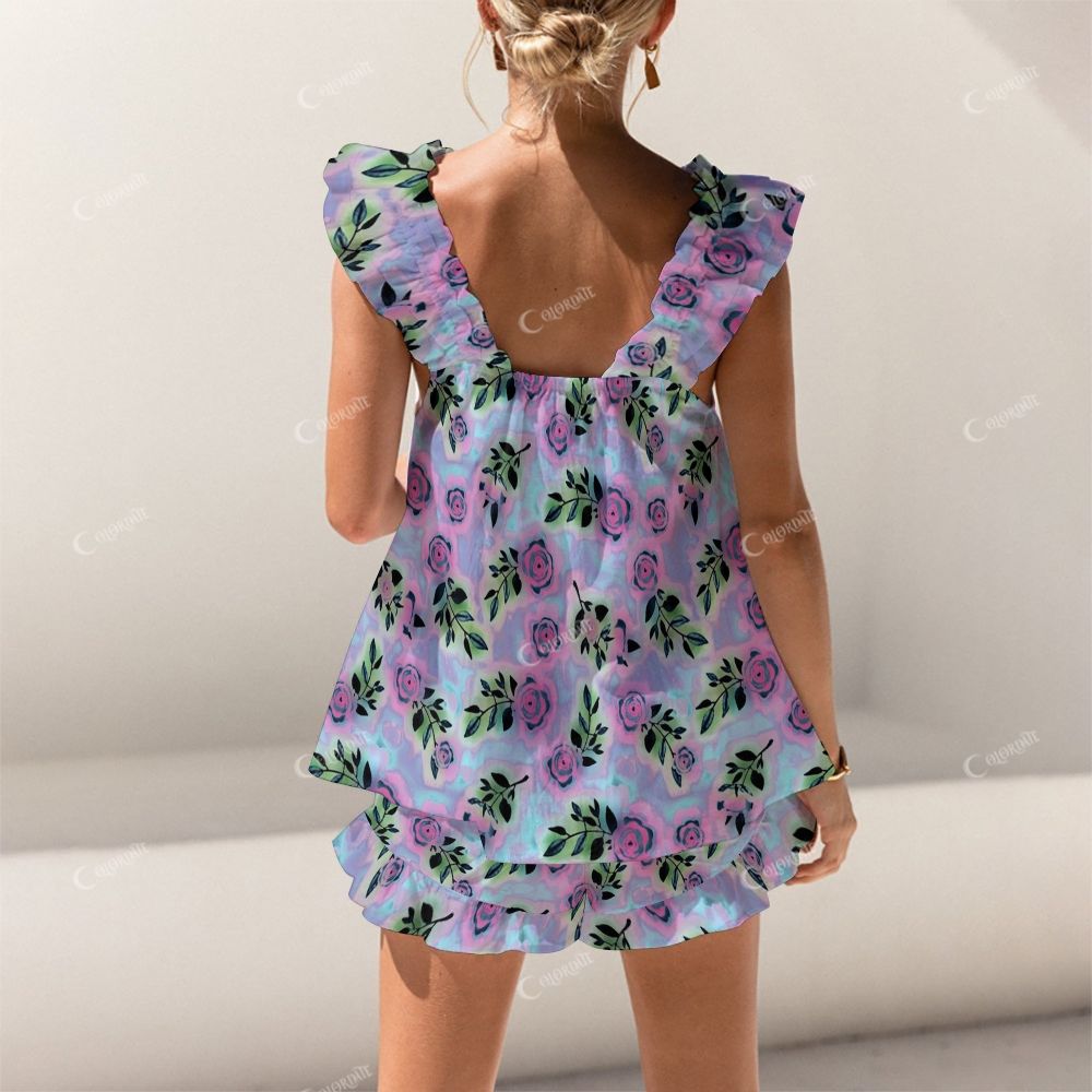 Colordate Purple Floral Print Short Tank Top Shorts Pajama Set