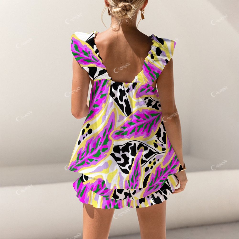 Colordate Purple Leaf Print Short Tank Top Shorts Pajama Set