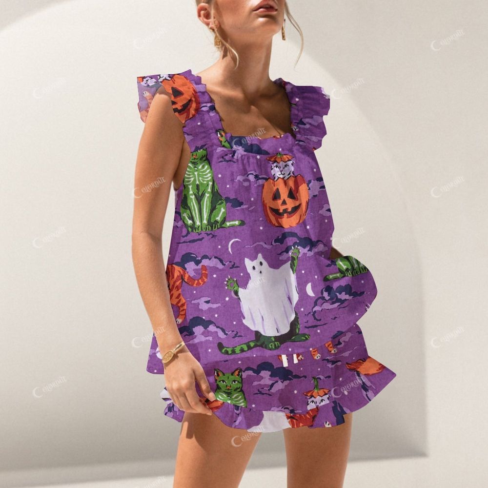 Colordate Halloween Costume Kitten Print Short Tank Top Shorts Pajama Set
