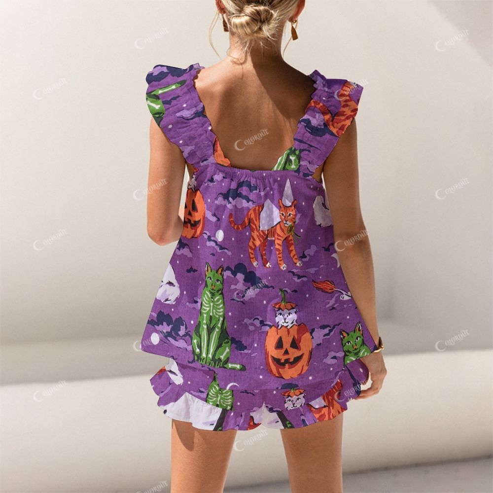 Colordate Halloween Costume Kitten Print Short Tank Top Shorts Pajama Set