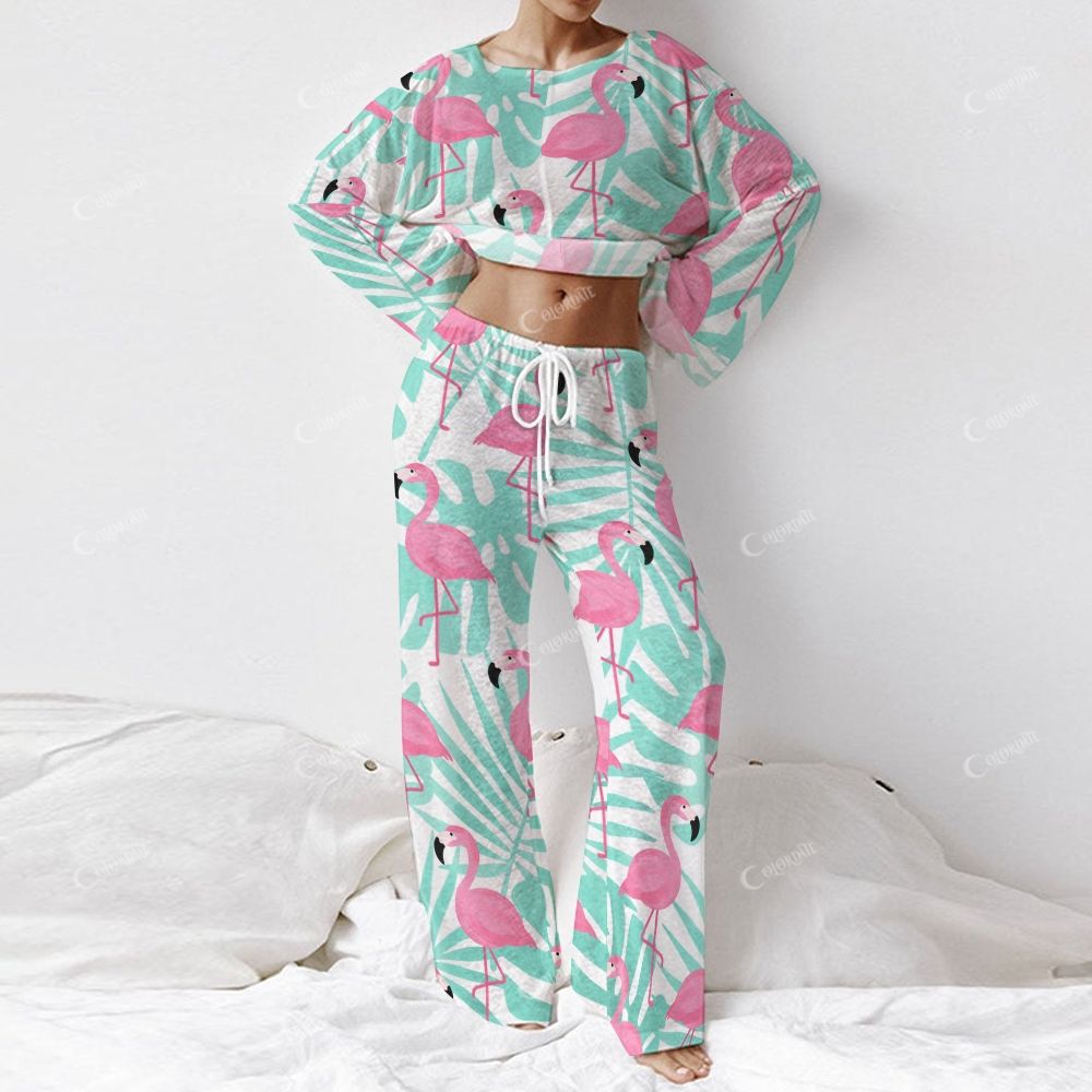 Colordate Women's Flamingo Print Long Sleeve Cotton Homewear Set
