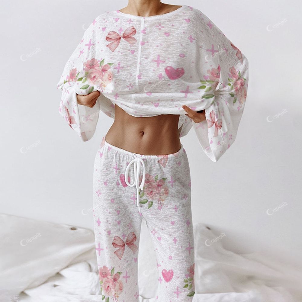 Colordate Women's Bow And Flower Print Long Sleeve Cotton Homewear Set