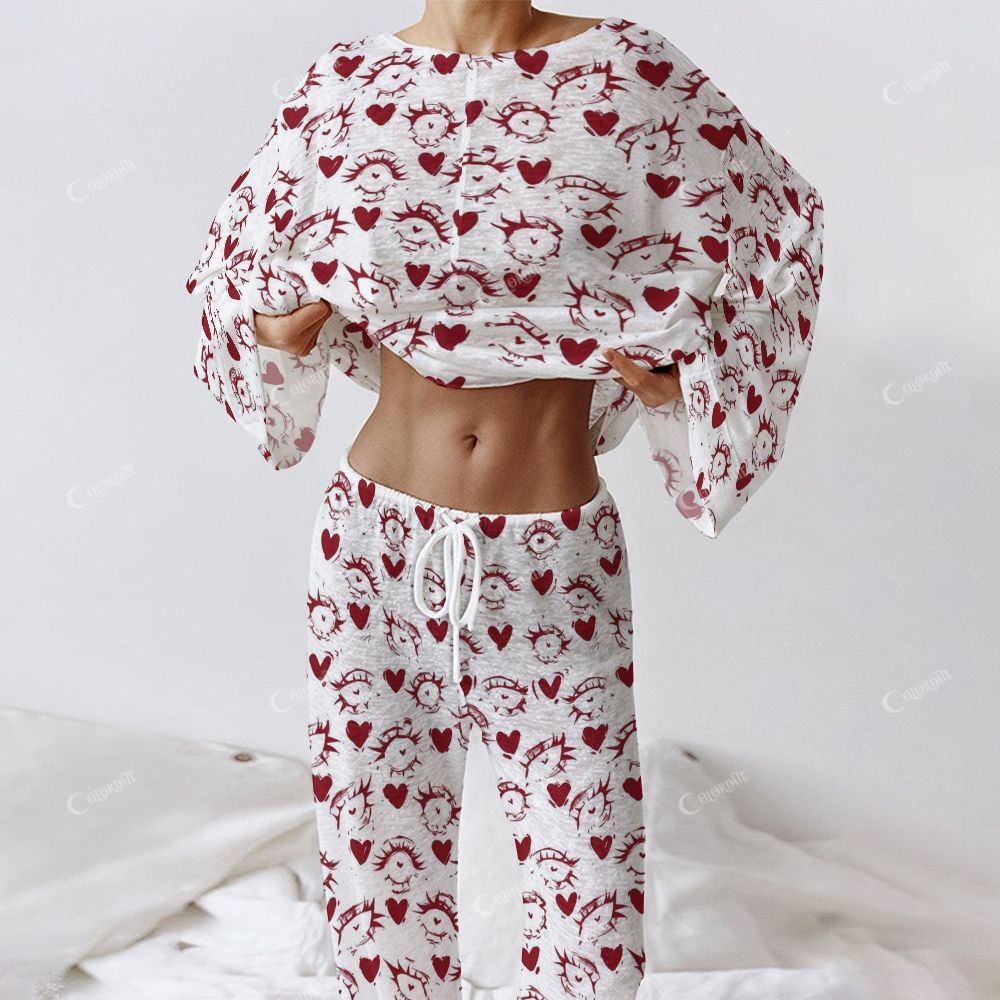 Colordate Women's Eyes Print Long Sleeve Cotton Homewear Set