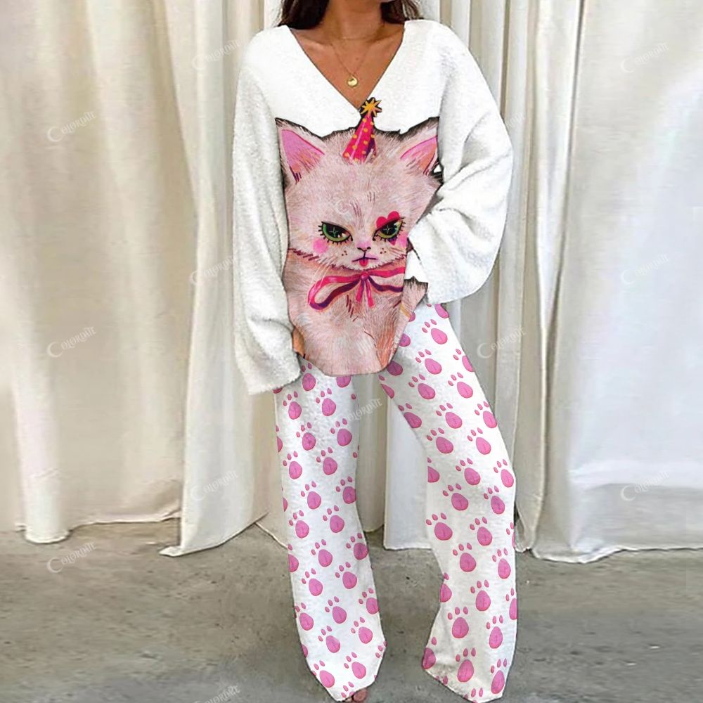 Colordate Cat Print Loungewear Set For Women