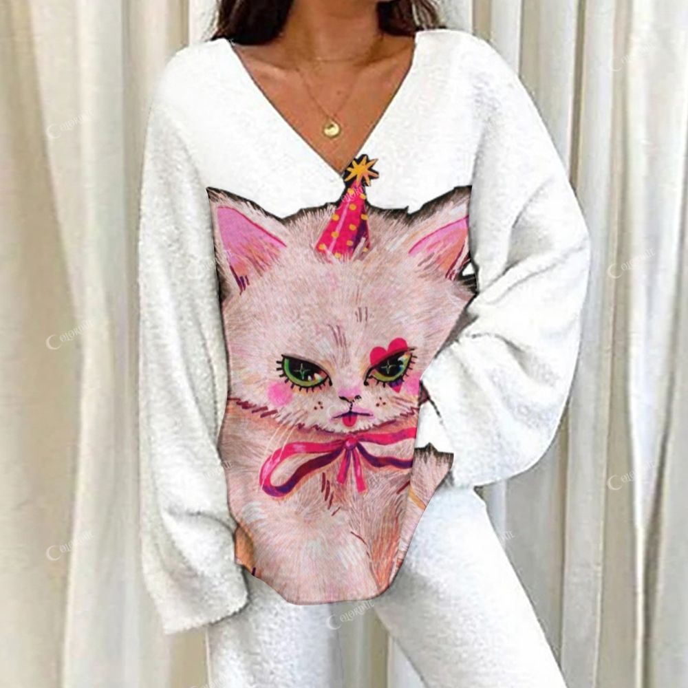 Colordate Cat Print Loungewear Set For Women