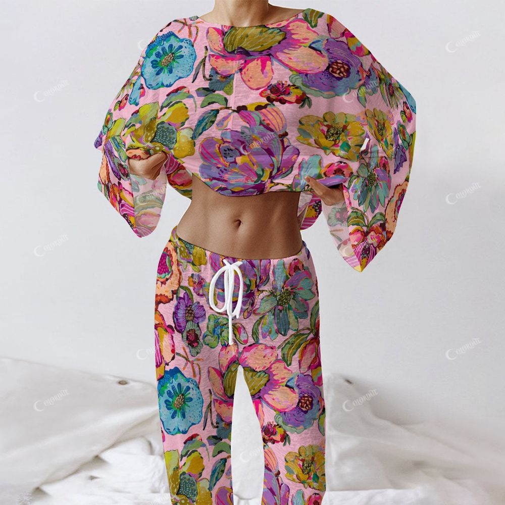 Colordate Women's Colorful Floral Print Long Sleeve Cotton Homewear Set