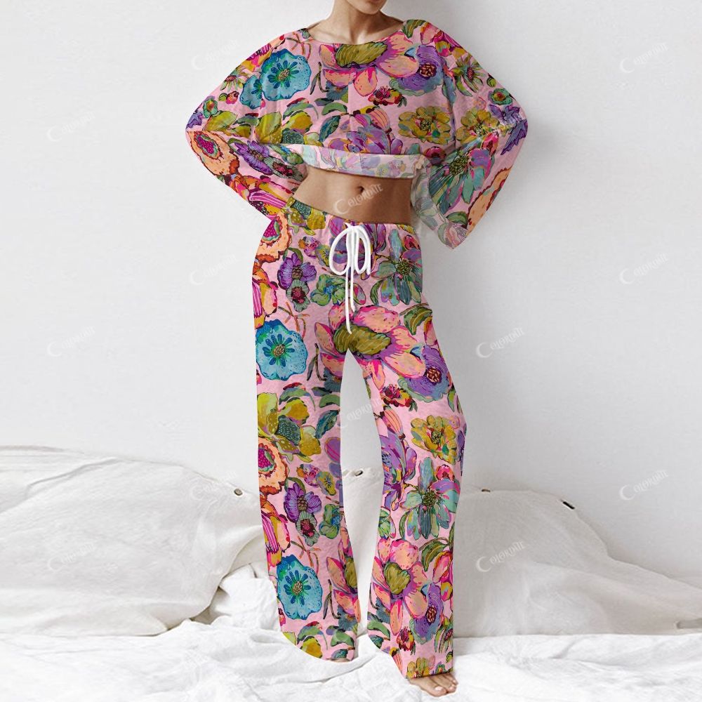 Colordate Women's Colorful Floral Print Long Sleeve Cotton Homewear Set