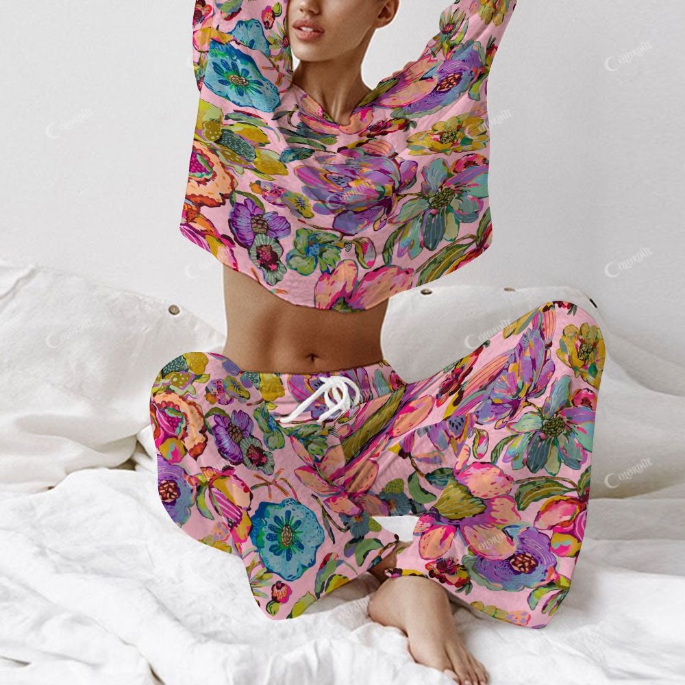 Colordate Women's Colorful Floral Print Long Sleeve Cotton Homewear Set