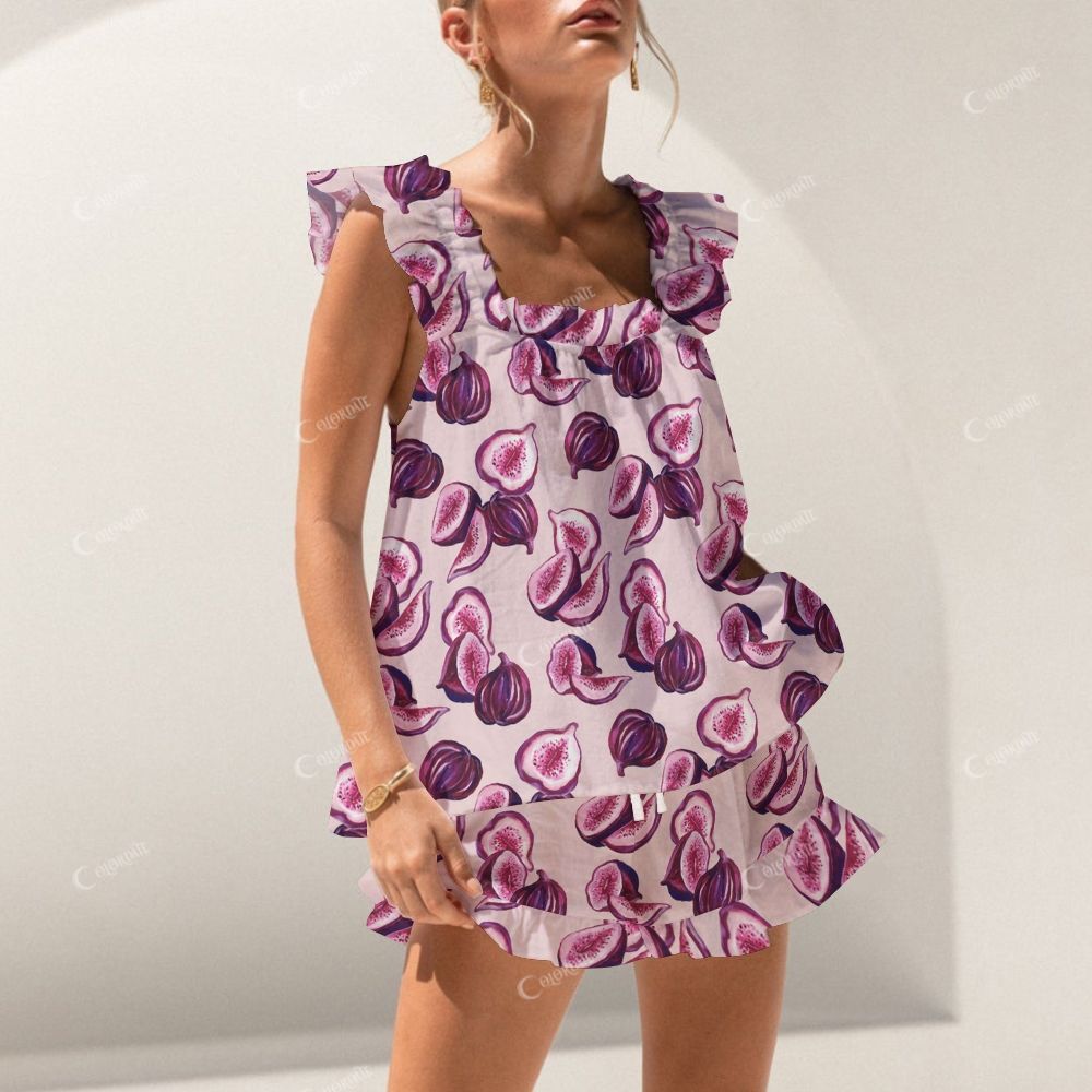 Colordate FIG Print Short Tank Top Shorts Pajama Set