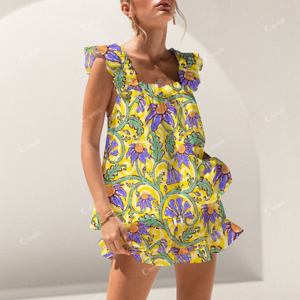 Colordate Purple Floral Print Short Tank Top Shorts Pajama Set