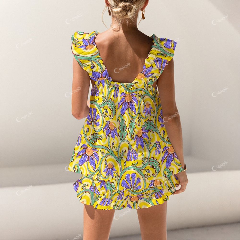 Colordate Purple Floral Print Short Tank Top Shorts Pajama Set