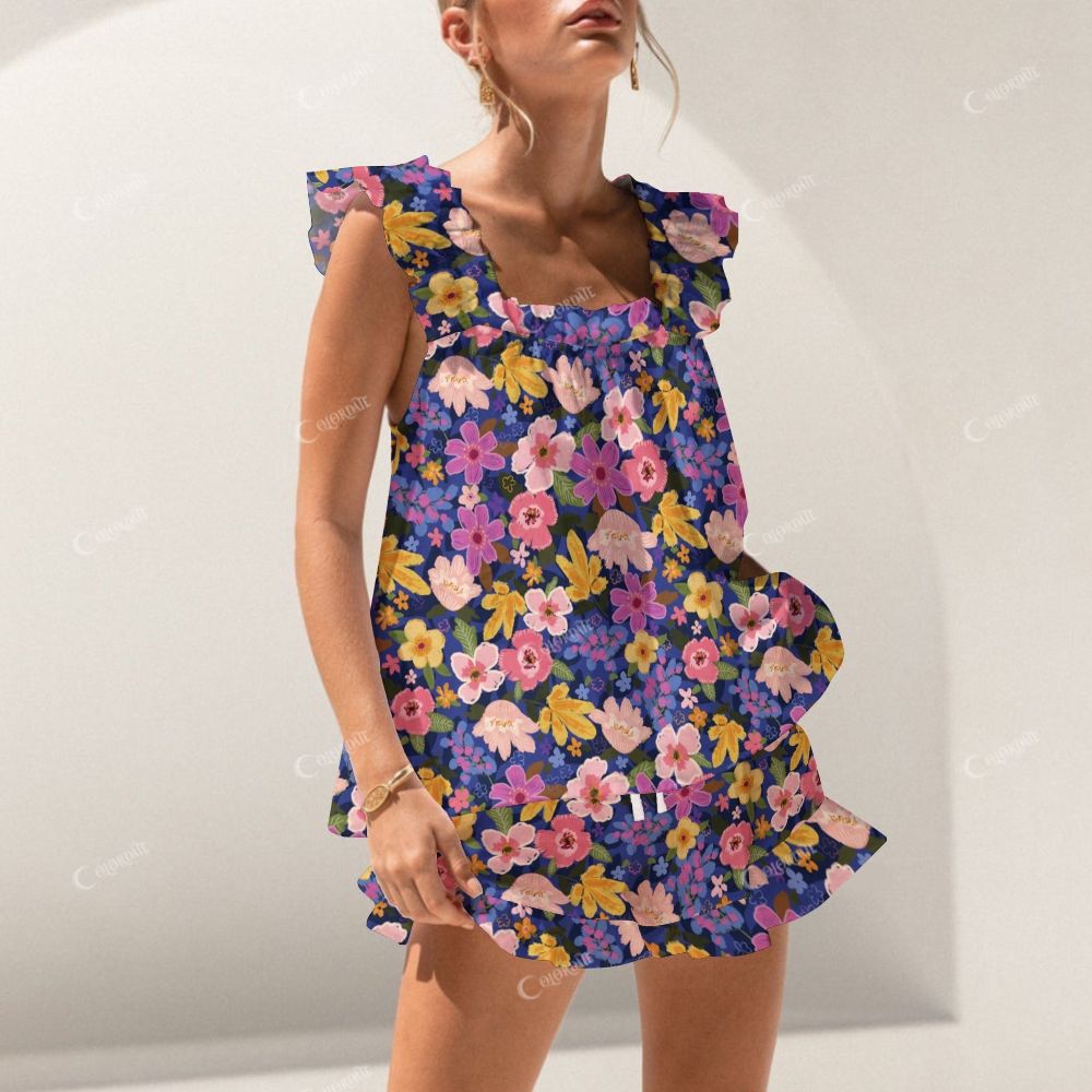 Colordate Colorful Floral Print Short Tank Top Shorts Pajama Set