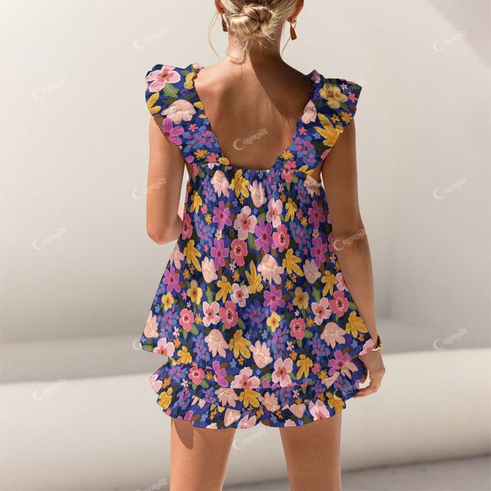 Colordate Colorful Floral Print Short Tank Top Shorts Pajama Set