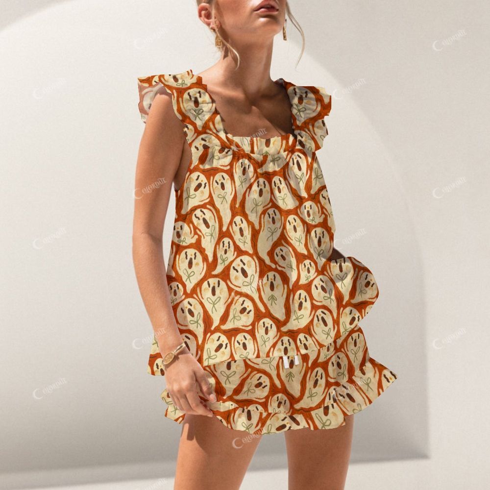 Colordate Cute Little Ghost Print Short Tank Top Shorts Pajama Set