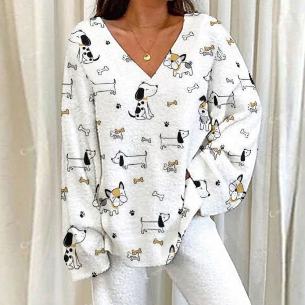 Colordate Cute Dog Print Loungewear Set For Women