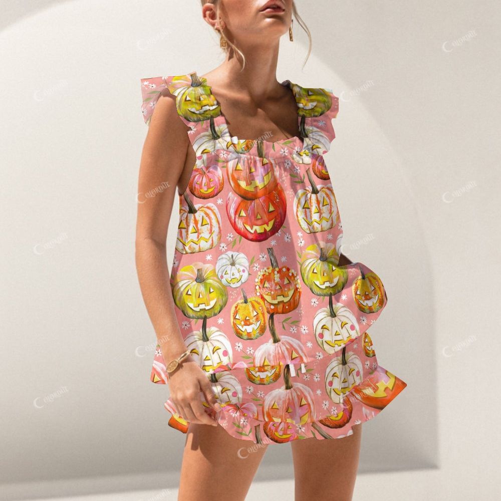 Colordate Halloween Pumpkin Print Short Tank Top Shorts Pajama Set