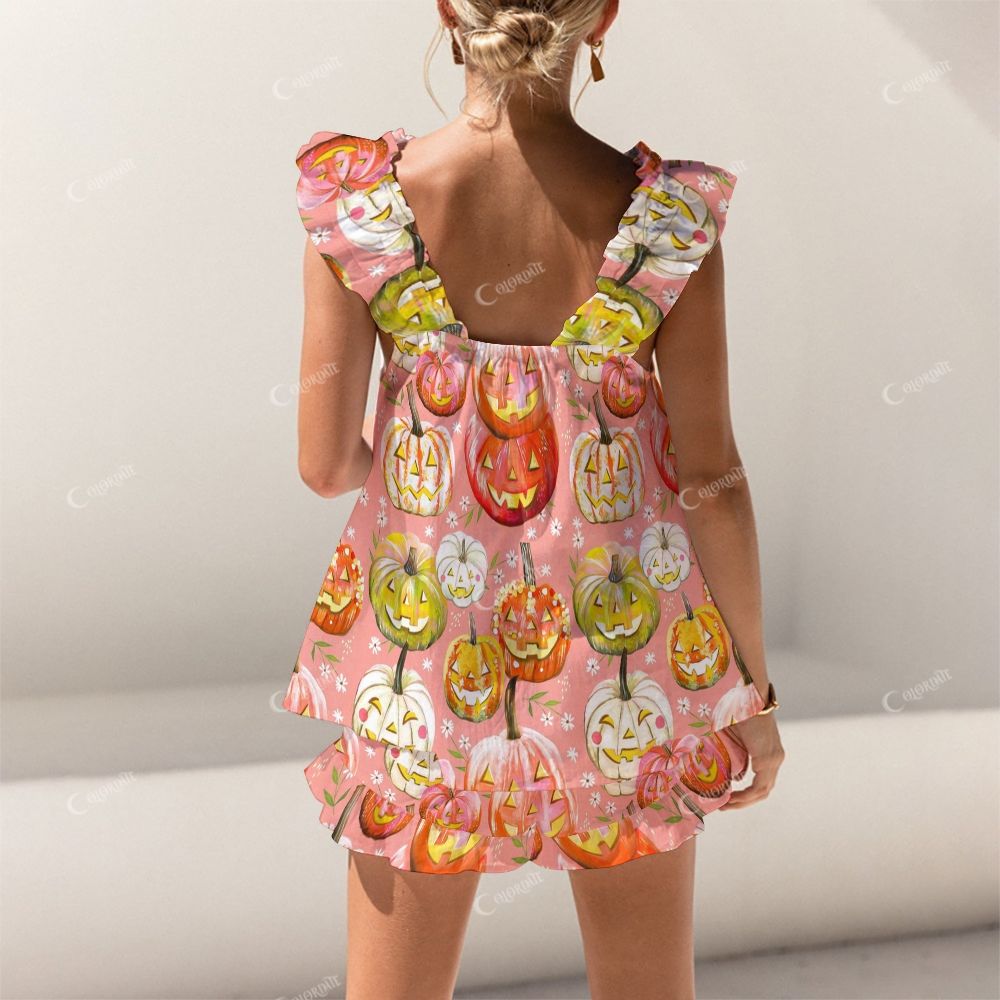 Colordate Halloween Pumpkin Print Short Tank Top Shorts Pajama Set
