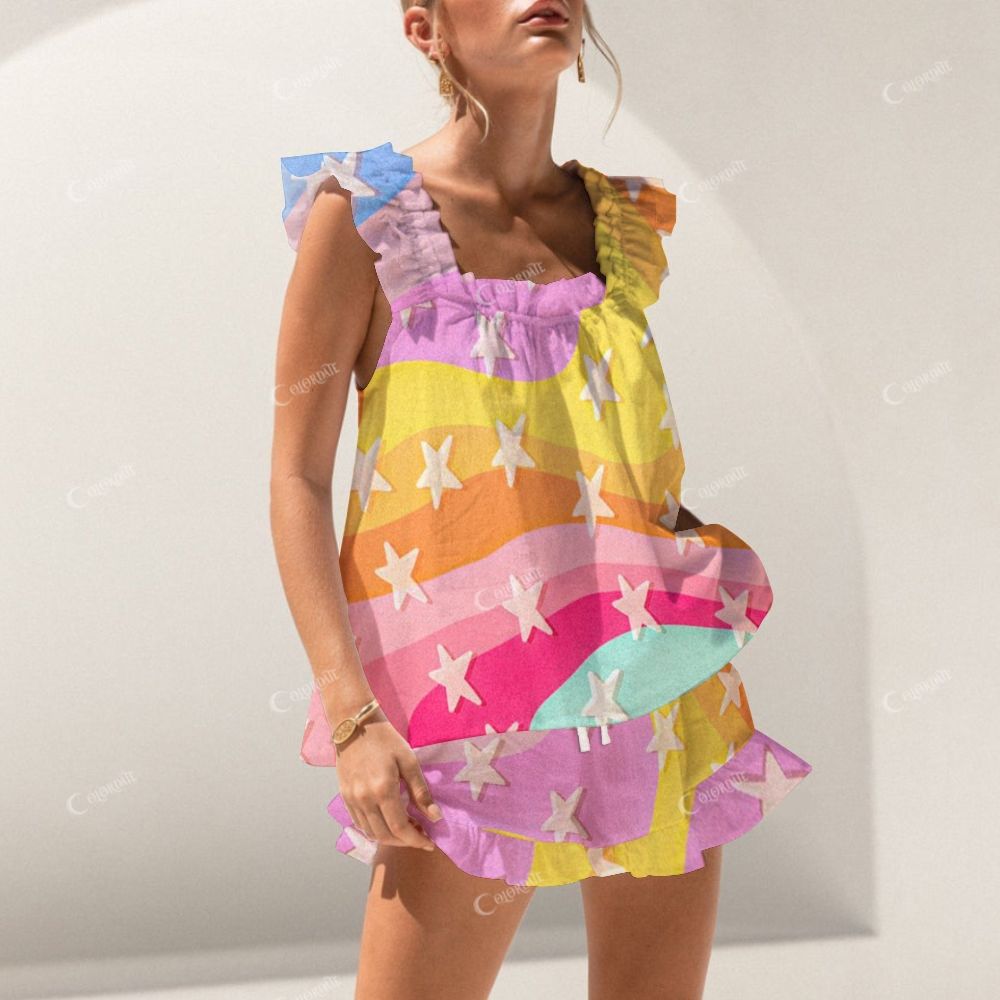 Colordate Star Print Short Tank Top Shorts Pajama Set