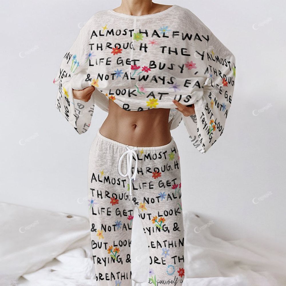 Colordate Women's Text Print Long Sleeve Cotton Homewear Set