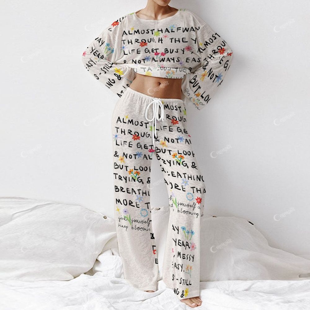 Colordate Women's Text Print Long Sleeve Cotton Homewear Set