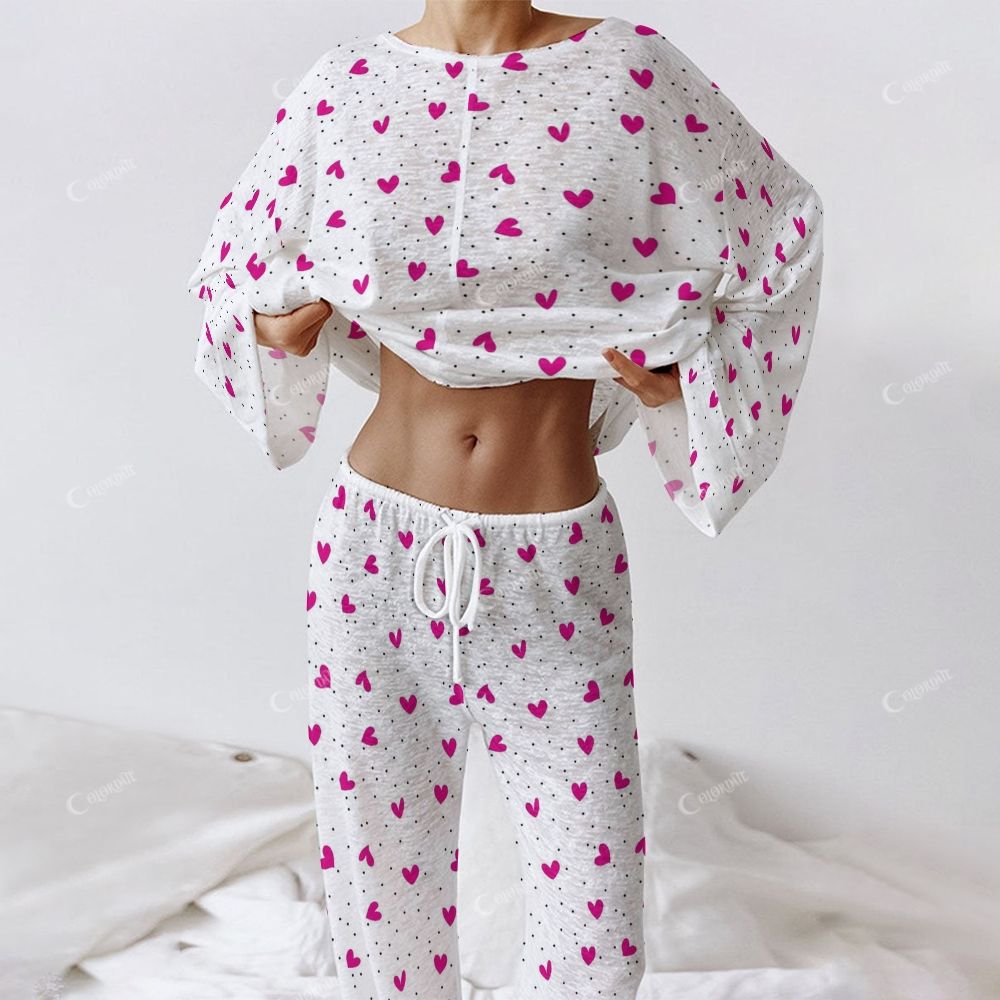 Colordate Women's Heart Print Long Sleeve Cotton Homewear Set
