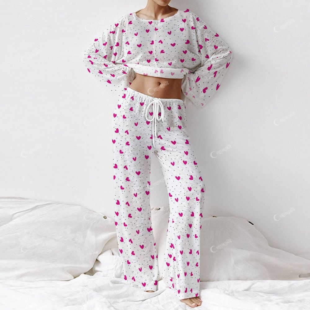 Colordate Women's Heart Print Long Sleeve Cotton Homewear Set