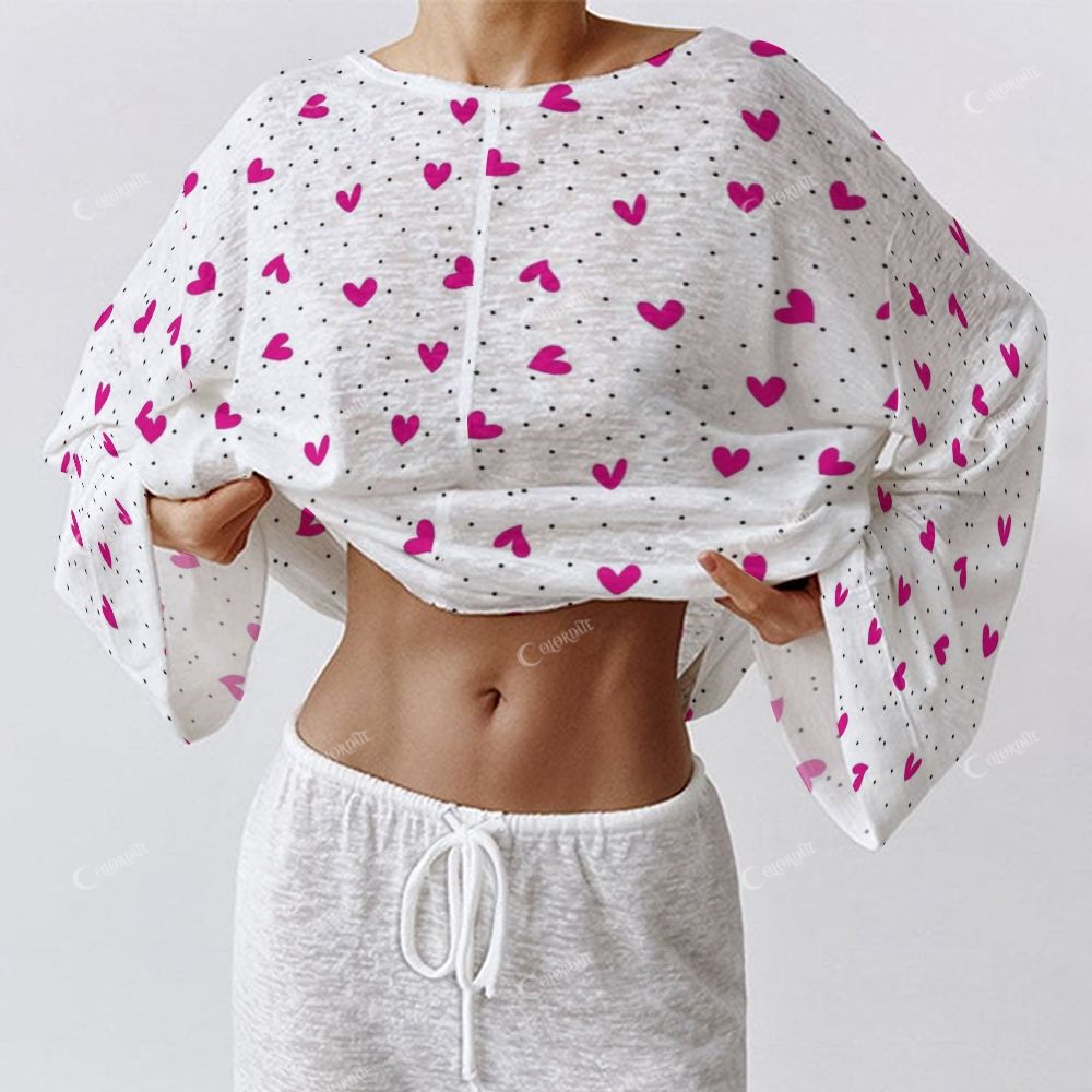 Colordate Women's Heart Print Long Sleeve Cotton Homewear Set